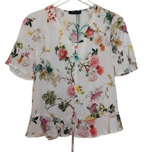 NWT Maven West Anthropologie XS Floral Short Sleeve Flowy Top White Flowers